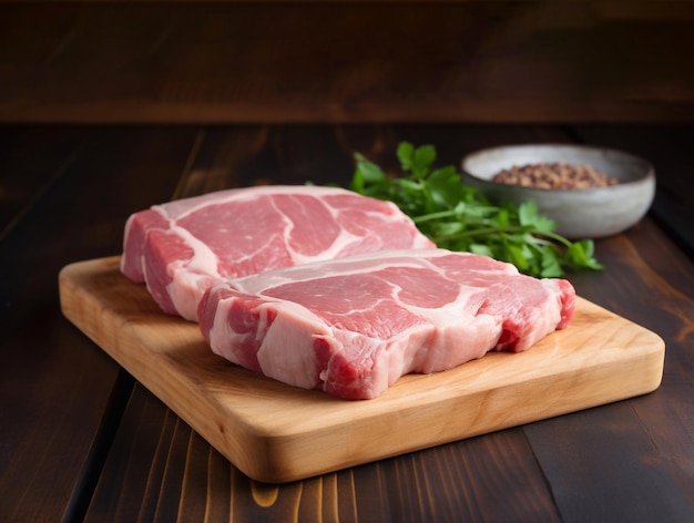 Rauw varkensvlees op snijplank met specerijen Generatieve AI