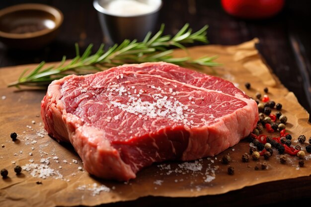 Rauw vlees steak met rozemarijn en kruiden op houten ondergrond