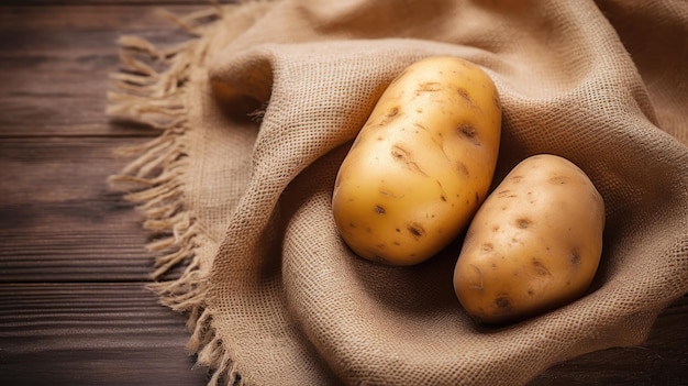 Rauwe aardappelen in een oude zak op een houten achtergrond