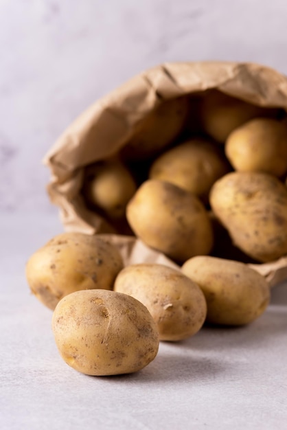 Rauwe biologische aardappel eten verse aardappelen op grijze achtergrond Top