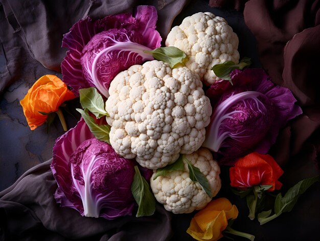 Rauwe biologische bloemkool en koolkoppen Klaar om te koken Assortiment van jonge kool en witte bloemkool met bloemen close-up Hele rauwe bloemkoolkoppen op tafel AI gegenereerd