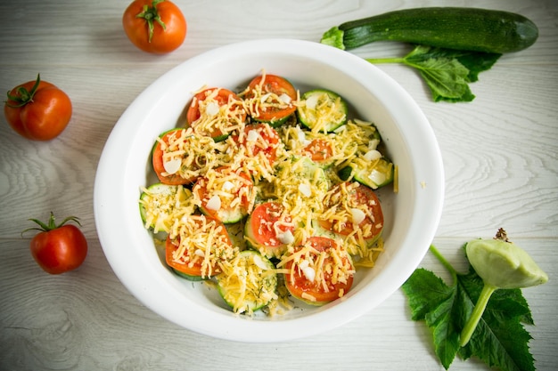 Foto rauwe courgette en tomaten gesneden met kaas bereid om te bakken