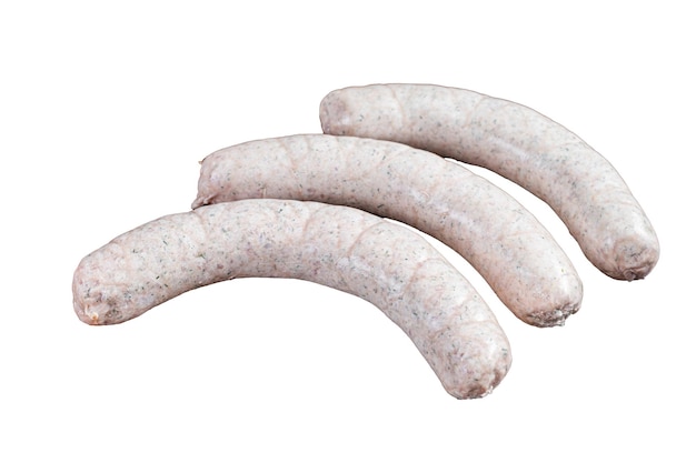 Rauwe Duitse witte worst weisswurst op keukentafel geïsoleerd op een witte achtergrond