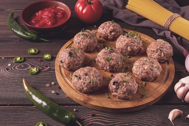 Rauwe gehaktballen met microgroen met kruiden en ingrediënten op een houten tafel zelfgemaakt rustiek geen mensen