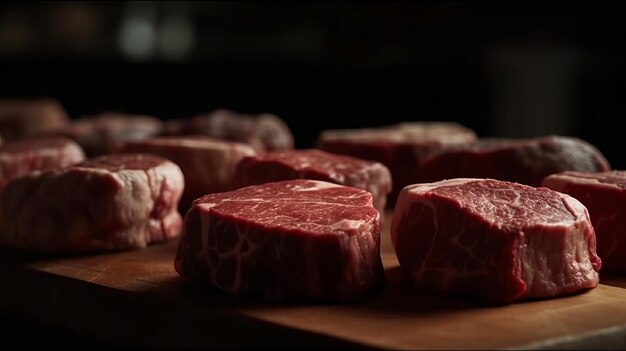 Rauwe Gemarmerde Entrecote Biefstuk Op Houten Snijplank Entrecote Biefstuk Biefstuk Bovenaanzicht AI gegenereerd