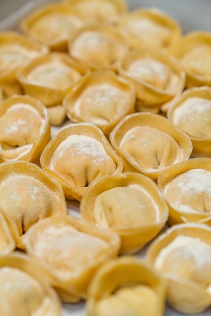 Rauwe gevulde zelfgemaakte pasta cappelletti op een dienblad Close up