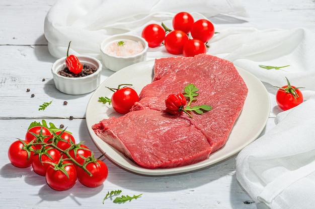 Rauwe kalfsvlees steak met specerijen kersen tomaten trendy hard licht donkere schaduw witte houten achtergrond