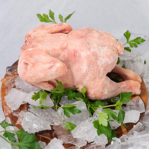 rauwe kip met groenten op het ijs op een houten bord op de grijze rotsachtergrond