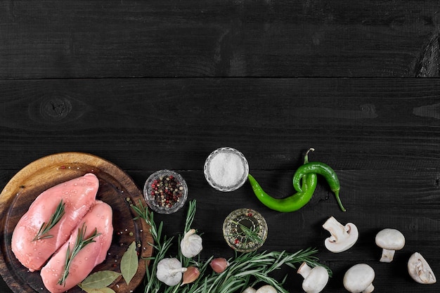 Rauwe kipfilet filets op houten snijplank met kruiden, specerijen, champignons en chilipepers op een zwarte houten achtergrond. Bovenaanzicht met kopie ruimte. Stilleven. plat leggen