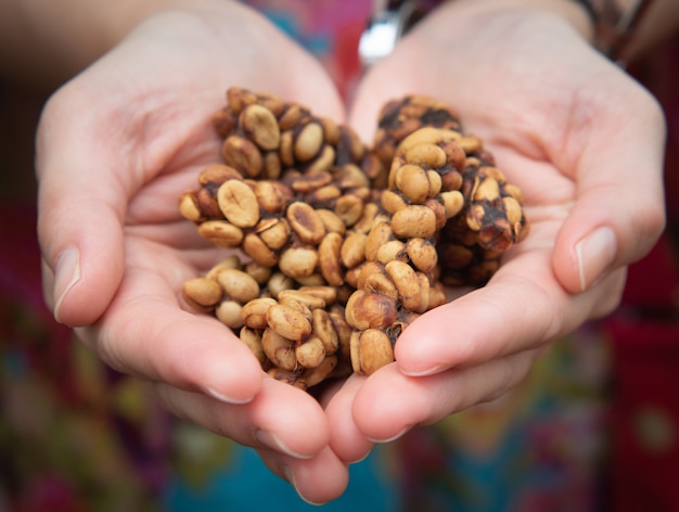 Rauwe luwak-koffiebonen voor het branden.