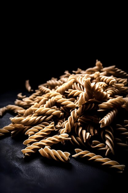 Rauwe pasta fusilli op zwarte achtergrond