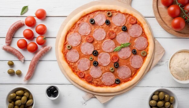 Rauwe pizza gerold rond deeg met olijven worstjes en tomaten op witte houten achtergrond