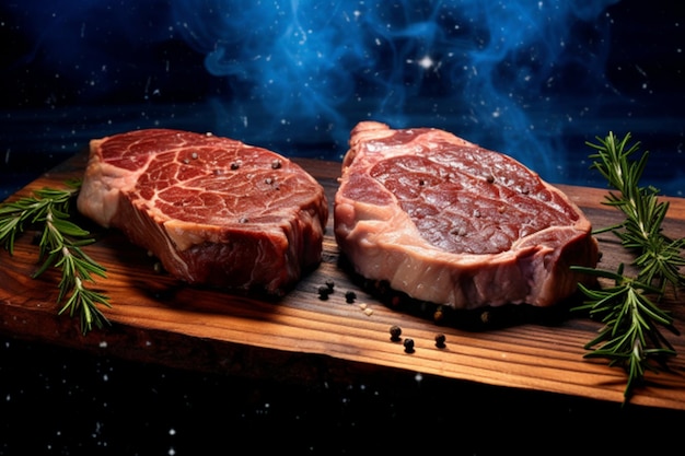 Rauwe ribeye steak op een houten plank met rozemarijn en peper