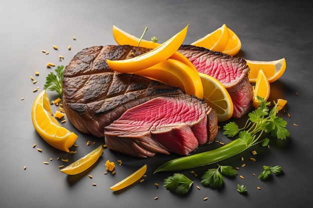 Rauwe rundvlees steak met ingrediënten voor het koken op houten achtergrond ai generatieve