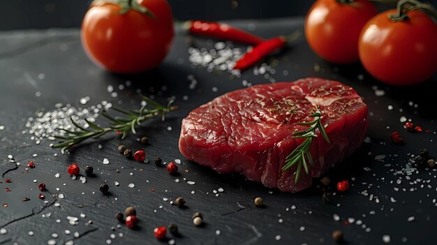 Rauwe rundvlees steak met rozemarijn specerijen en tomaten op zwarte achtergrond