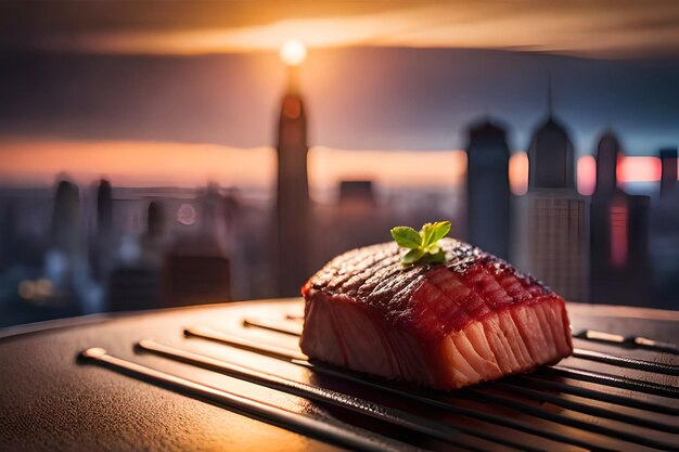 rauwe vis op een grill met een stad op de achtergrond