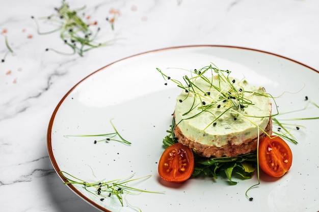 Rauwe zalm avocado paarse uiensalade heerlijke avocado en gezouten zalmtartaar geserveerd met rucola Restaurant menu dieet kookboek recept bovenaanzicht