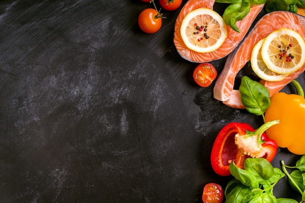 Rauwe zalmlapjes vlees en verse ingrediënten voor het koken op een donkere achtergrond.