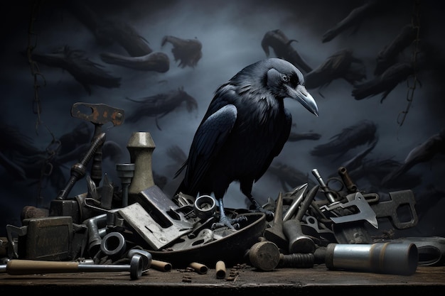 Raven bird on worker tool