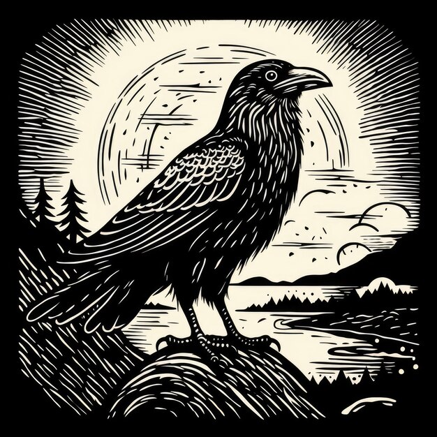 Черно-белая иллюстрация ворона в стиле резьбы по дереву, сгенерированная ИИ.