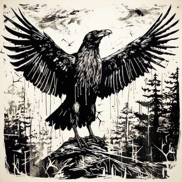 Raven black and white illustration woodcut style AI generated Image