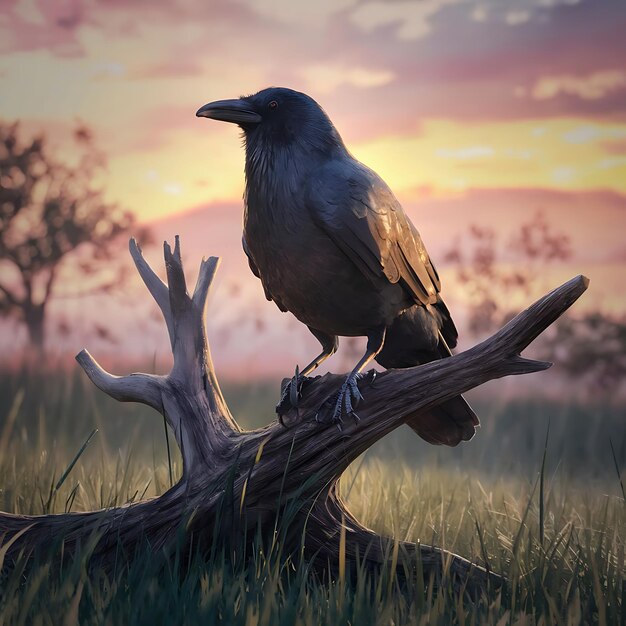 Photo raven on a branch raven on the ground crow birds sunset