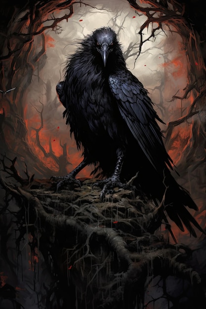 Photo raven in a dark forest one bird side profile perched on tree roots with dark undergrowth behind