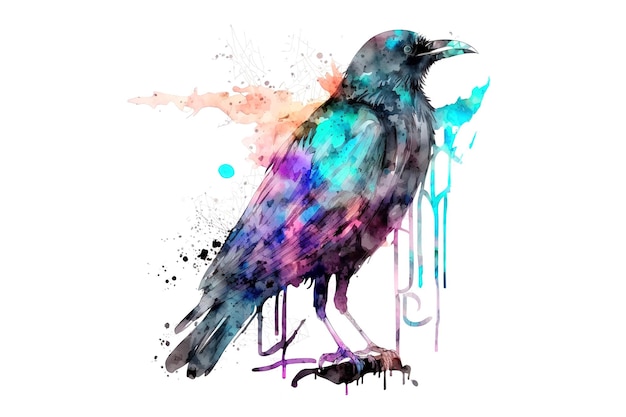 Raven drawn with multicolored watercolors isolated on a white background AI generated