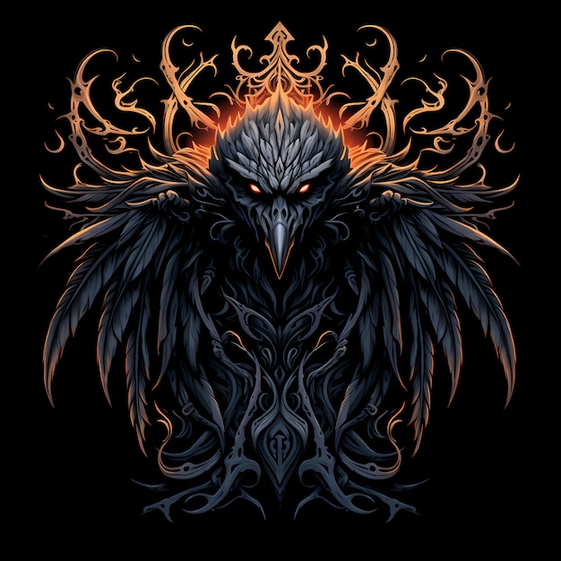 까마귀 독수리 불 문신 디자인 검은 배경에 고립 된 어두운 예술 그림