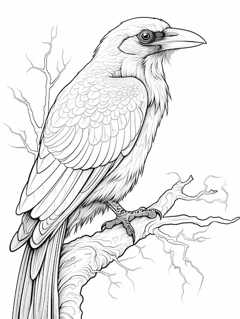 raven fantasy magical coloring book page in black and white for Adults