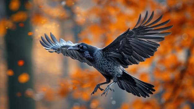 raven in flight against a blurred autumn background