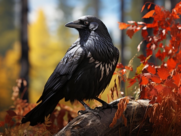 Photo raven perched on a branch in the forest