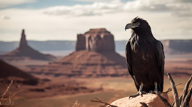 A raven sits on a rock in monument valley