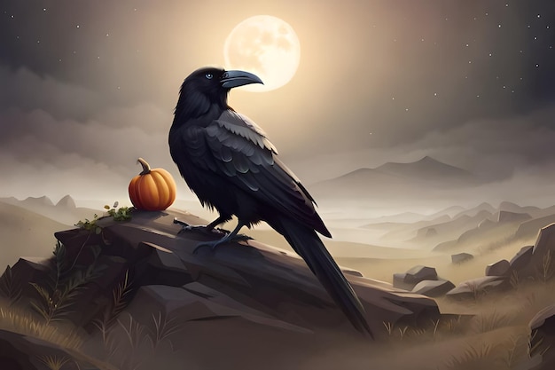 Photo a raven sits on a rock with a pumpkin on the ground.