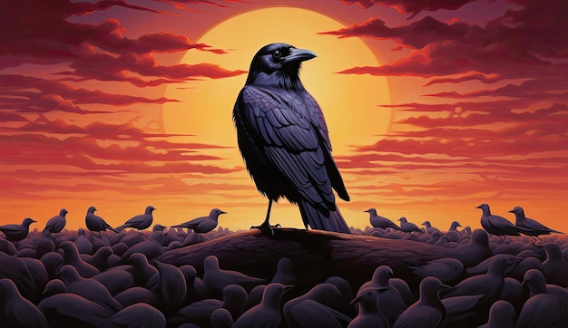 Ворон, стоящий среди стада птиц перед оранжевым закатом солнца в стиле реализма