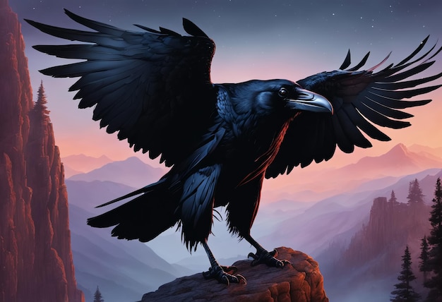 Raven zittend op een rots in de zonsondergang Generatieve AI