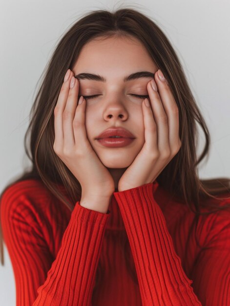 Photo a ravenhaired woman in a crimson formfitting top covers her eyes with her palms against a blank backdrop