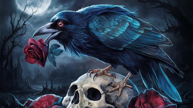 ravens enchantment crimson rose under the gothic moon