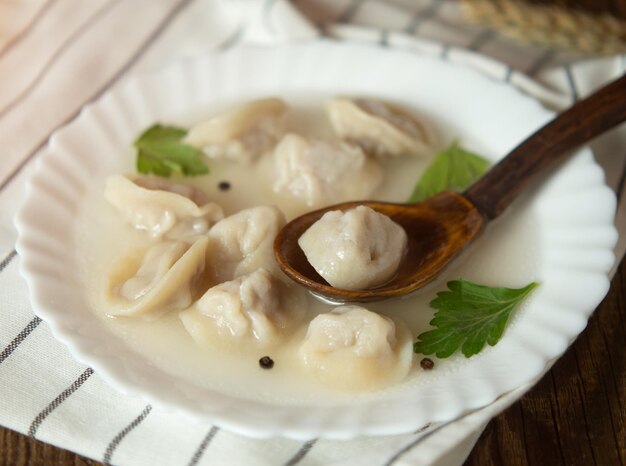 Ravioli dumplings with meat on a rustic background