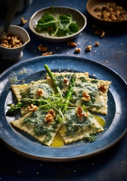 ravioli met asperges met walnoten op een bord