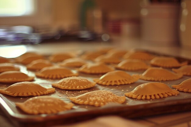 Ravioli met vlees op een bord op een zwarte rustieke achtergrond