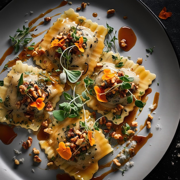 ravioli paired with sage syrup chives and nuts