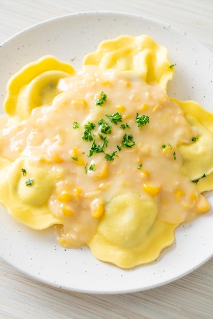 Ravioli pasta with corn cheese sauce