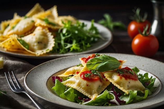 Ravioli served with a fresh green salad