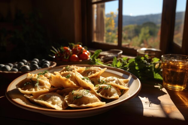 Ravioli stuffed with cheese at a lunch with friends in a Tuscan village with vineyards generative IA