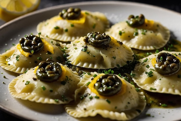 Foto ravioli con capperi e crosta di limone