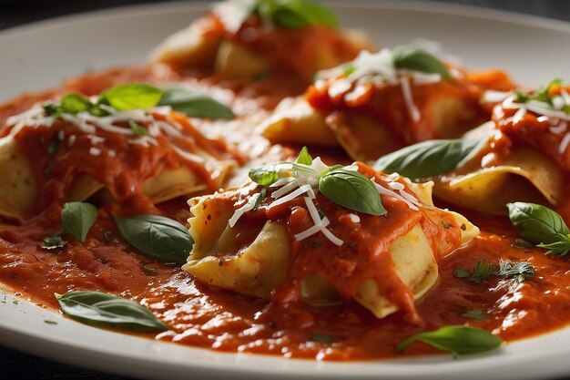 Foto ravioli con salsa di pepe rosso arrostito