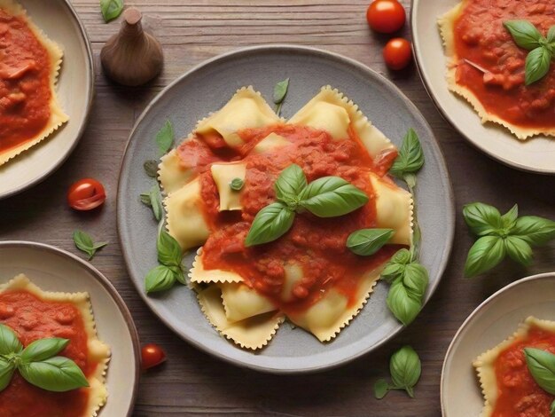 Foto ravioli con salsa di pomodoro e basilico su sfondo scuro vista dall'alto