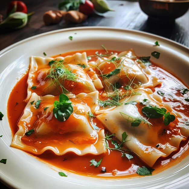 Photo the raviolis are smothered with sauce in the style of aerial view