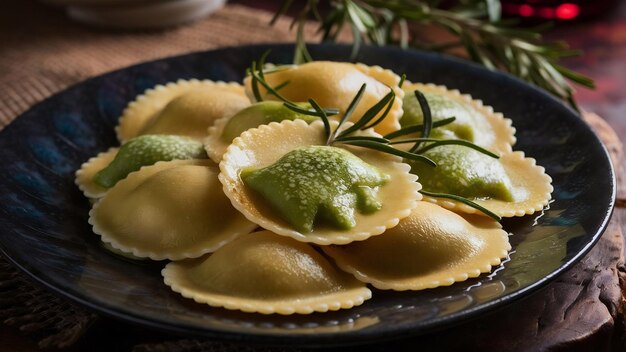 Photo raviolli with green on the table